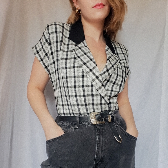 Plaid Black and White Women's Top - Picture 1 of 4